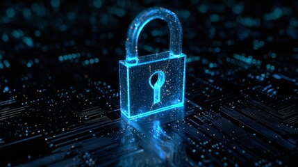 Glowing Blue Padlock Depicts Security on a Modern Circuit Board Background