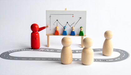 Red presenter figure showing data chart to wooden audience on learning path.