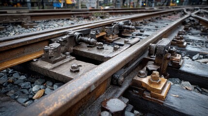 Detailed close-up of rusty railway track mechanisms showing metal components, bolts, and wooden ties in a vintage train station setting