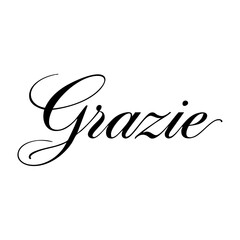 Elegant black calligraphy spelling “Grazie” in graceful cursive, representing gratitude or thankfulness in Italian.