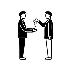 Two businessmen standing face to face as one hands over a key, representing agreement, contract handover, or partnership completion.
