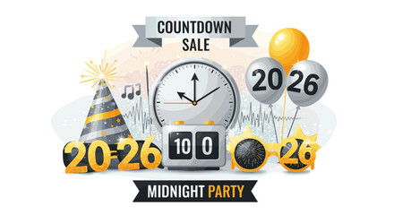 A vibrant vector illustration captures the excitement of a New Year's Eve countdown and festive 2026 midnight celebration, featuring party elements and a sale banner.