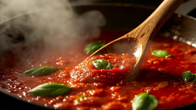 Hot tomato sauce simmering in pan with fresh basil and wooden spoon, authentic homemade cooking concept with warm Italian kitchen flavor