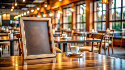 table with a white coffee cup and saucer, accompanied by a wooden menu holder, inviting customers to enjoy a relaxing beverage