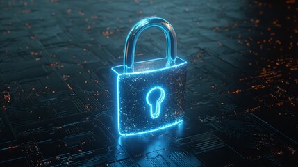 Illuminated Neon Padlock on a Circuit Board Protecting Digital Data Flow