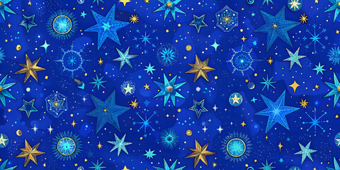 pattern with stars and snowflakes on blue background.