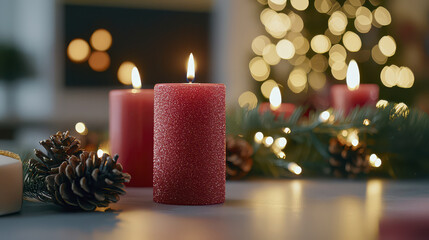 Festive red candles illuminate cozy setting, surrounded by pinecones and twinkling lights, creating warm holiday atmosphere