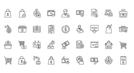 Shopping and Commerce Icons: A curated collection of elegant icons representing the diverse facets of the shopping and commerce landscape, providing a visual language for the digital marketplace.