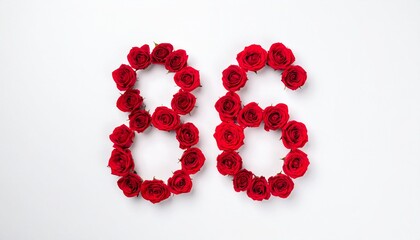 Obraz premium Number 86 made out of red roses with white background. Photo for birthday or anniversary party