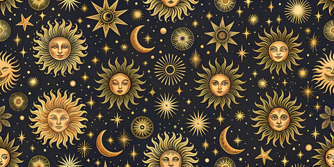 Seamless pattern with sun, moon and stars. illustration.