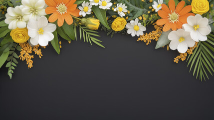 Floral border design featuring vibrant orange, yellow, and white flowers with lush green leaves, creating cheerful atmosphere
