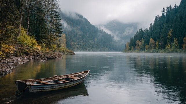A serene lake with a small boat surrounded by mountains and dense forest