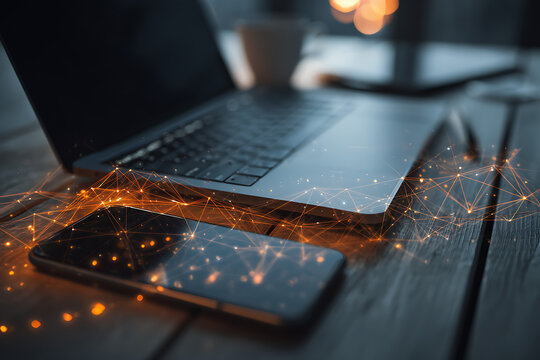 Modern technology concept showing connected devices and glowing network lines, representing digital transformation and global communication.