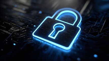 Glowing Blue Lock Icon on a Dark Digital Circuit Board Background.