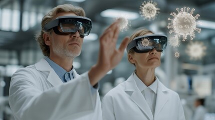 Medical researchers in futuristic lab wearing augmented reality headsets, analyzing magnified virus structures with glowing 3D holograms, showing intense curiosity, determination, and teamwork