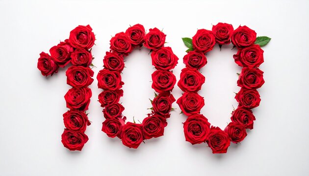Number 100 made out of red roses with white background. Photo for birthday or anniversary party