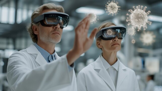 Medical researchers in futuristic lab wearing augmented reality headsets, analyzing magnified virus structures with glowing 3D holograms, showing intense curiosity, determination, and teamwork