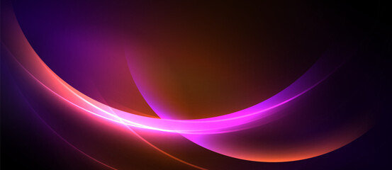 Abstract design features vibrant curves, gradients. Purple, orange hues dominate dark background. Smooth lines create dynamic visual effect.