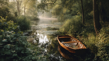 A wooden rowboat rests on the tranquil water of a misty river scene view