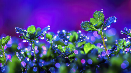 Fresh green leaves with water droplets glistening under vibrant purple and blue light create serene and refreshing atmosphere