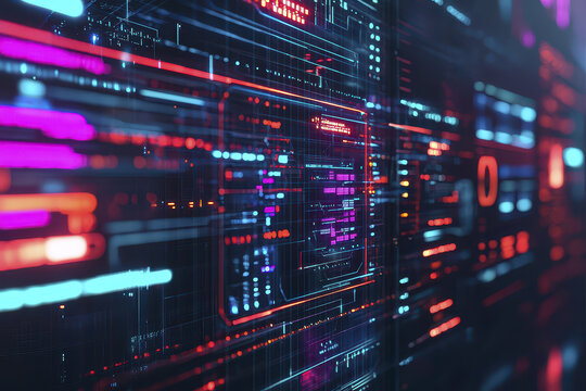 Futuristic technology interfaces display vibrant colors and intricate patterns, showcasing advanced digital design