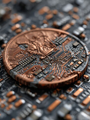 Cryptocurrency concept with global currency coin integrated with electronic circuit board symbolizing digital currency reset and future technology innovation in finance