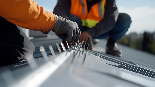 Workers installing bird control spikes on a roof. The spikes prevent birds from landing and nesting. These measures protect buildings from bird-related damage, enhancing longevity.