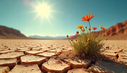 Hot desert landscape shows vast cracked dry earth under bright sun. Small colorful wildflowers bloom on arid ground. Life resilience, adaptation to severe drought conditions, global warming effects,