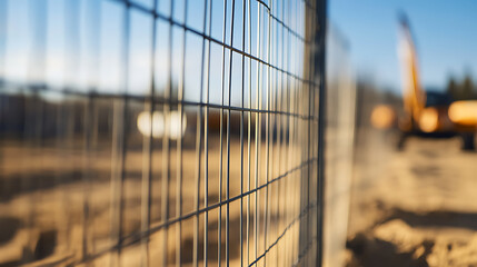 Metal fence close-up on a construction site, with heavy machinery blurred in the background under a bright, clear sky. Focus on safety and infrastructure progress.
