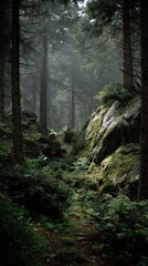 Obraz premium Exploring the mystical forest path mountainous terrain nature photography serene environment ground level tranquility and adventure