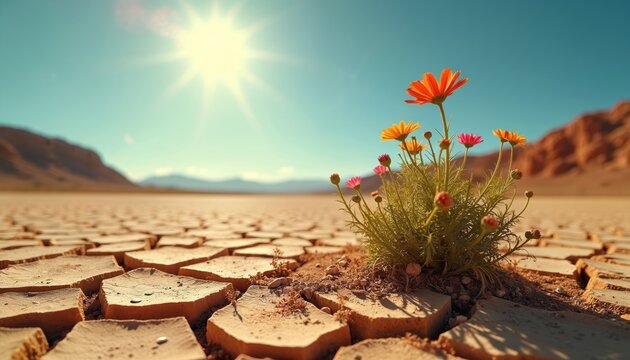 Hot desert landscape shows vast cracked dry earth under bright sun. Small colorful wildflowers bloom on arid ground. Life resilience, adaptation to severe drought conditions, global warming effects, - Powered by Adobe