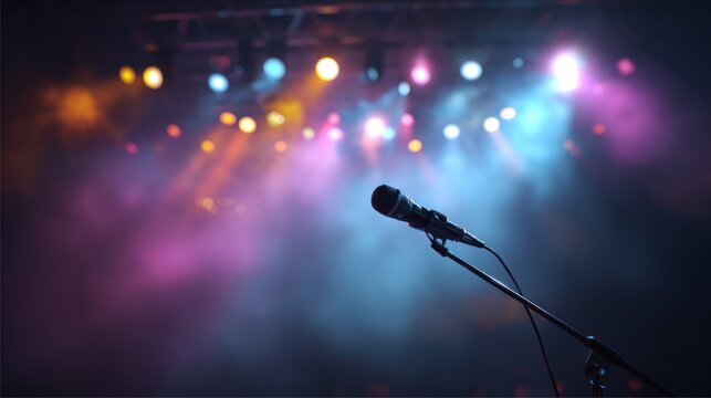Live music performance at concert hall stage with microphone vibrant lights and smoke environment