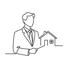 Real Estate Agent Presenting House Continuous Line Drawing, Minimalist Single Stroke Outline of Realtor and Property, Simple Illustration for Housing Business