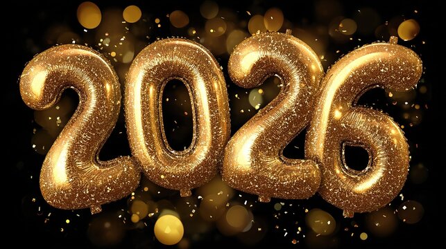 2026 golden balloon New Year banner, bokeh effect on a black background. Ultra-realistic vector illustration, high-resolution professional color grading.