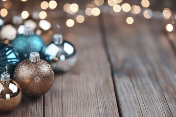 Colorful holiday ornaments on wooden background with soft bokeh lights create festive atmosphere for celebrations