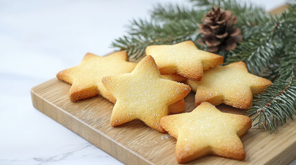 Star shaped cookies with sugary glaze arranged wooden board, surrounded by pine branches and pine cone, evoke festive