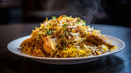 Delicious steaming plate of biryani with fragrant basmati rice, tender chicken pieces, and vibrant herbs on a dark wooden table setting