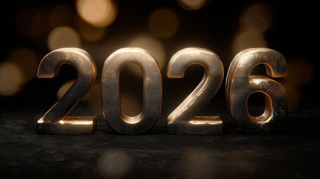 2026 golden balloon New Year banner, bokeh effect on a black background. Ultra-realistic vector illustration, high-resolution professional color grading.