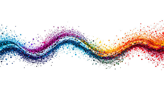 Vibrant abstract wave of colorful particles and swirling lines creates dynamic energy and artistic expression