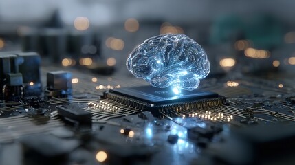 Illuminated brain on a circuit board, symbolizing AI, neural networks, and computing advancement.