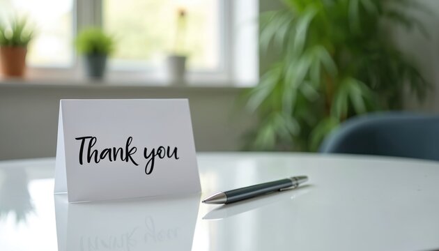 Thank note on white desk with pen. Business card shows appreciation in office setting. Gratitude message. Plant, window in background. Respect, trust, love, friendship. Teamwork success, achievement