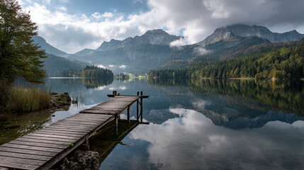 Wooden dock extending into a calm lake surrounded by mountains and trees