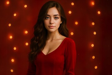Beautiful portrait of woman in red dress with soft bokeh lights on red background, festive and elegant Christmas atmosphere