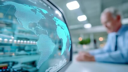 World Map Analysis: An older professional in a formal setting, studies a digital screen displaying a holographic world map. The atmosphere is quiet, conveying focus and intellectual exploration. - Powered by Adobe