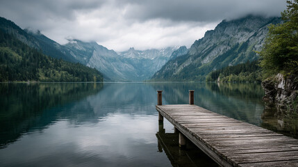 Obraz premium A wooden dock extends into a calm lake surrounded by forested mountains
