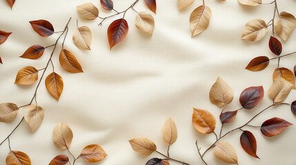 Light beige background with fall leaves arranged artistically, creating warm and inviting atmosphere