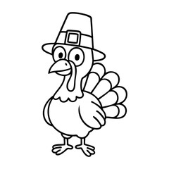 Turkey logo. Dibujo sencillo con líneas de pavo con sombrero de peregrino para tarjetas y felicitaciones del Día de Acción de Gracias