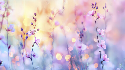 Soft pastel bokeh lights with delicate flowers create dreamy atmosphere, evoking tranquility and beauty