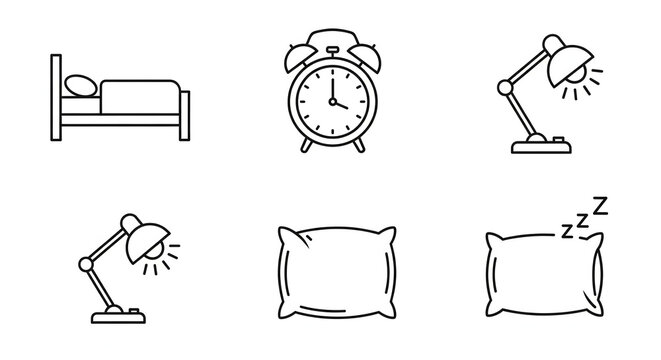 Bedtime Essentials: A minimalist depiction of rest and relaxation, featuring a bed, alarm clock, desk lamps and pillows, all illustrated in a sleek, simple, monochrome line art.