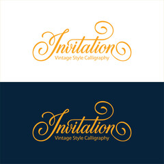 Stylish “Invitation” calligraphy design in vintage style, presented in gold on white and navy backgrounds. Elegant script lettering with smooth flourishes, ideal for luxury event branding.